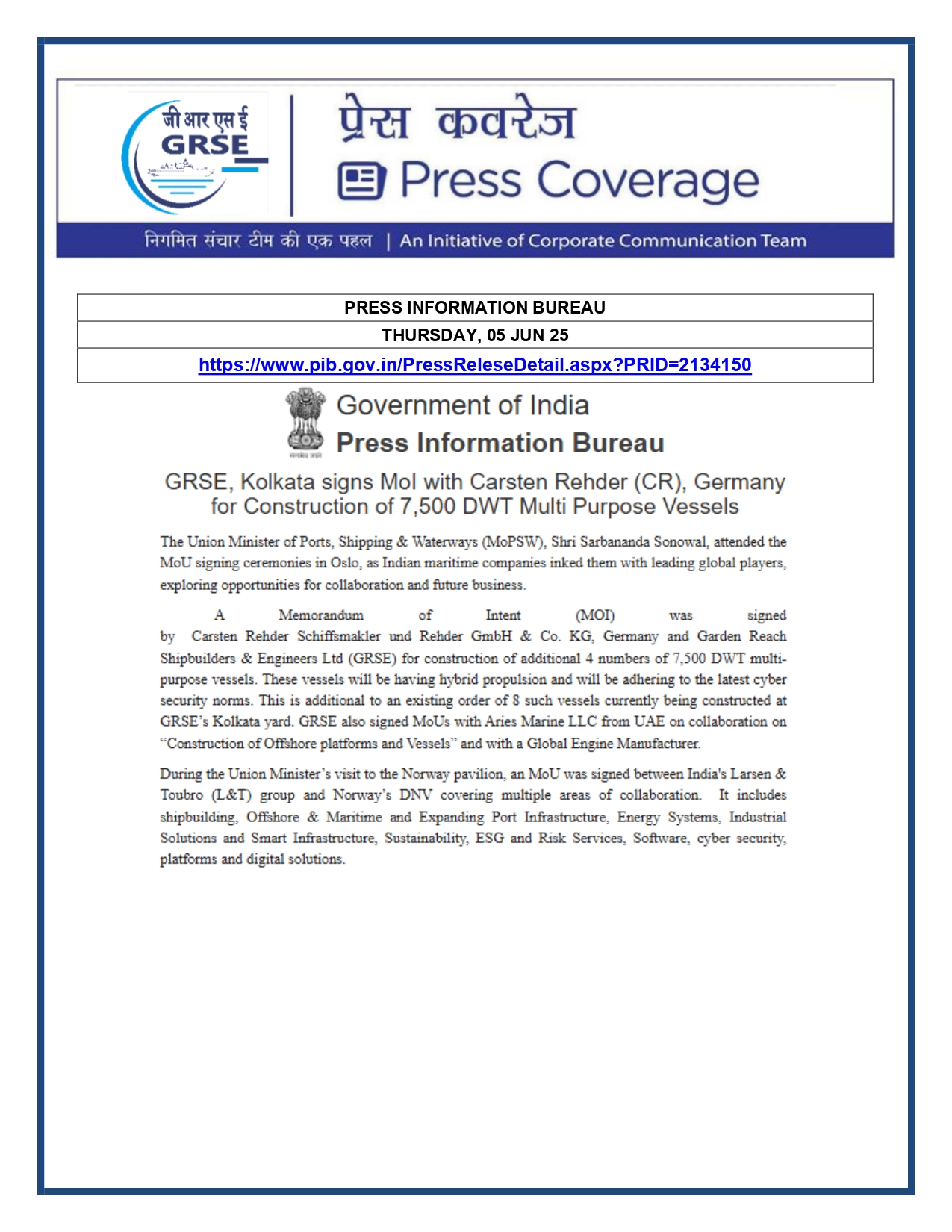 Press Coverage : CMD,GRSE conferred on CMA's Management Excellence Award 2025  